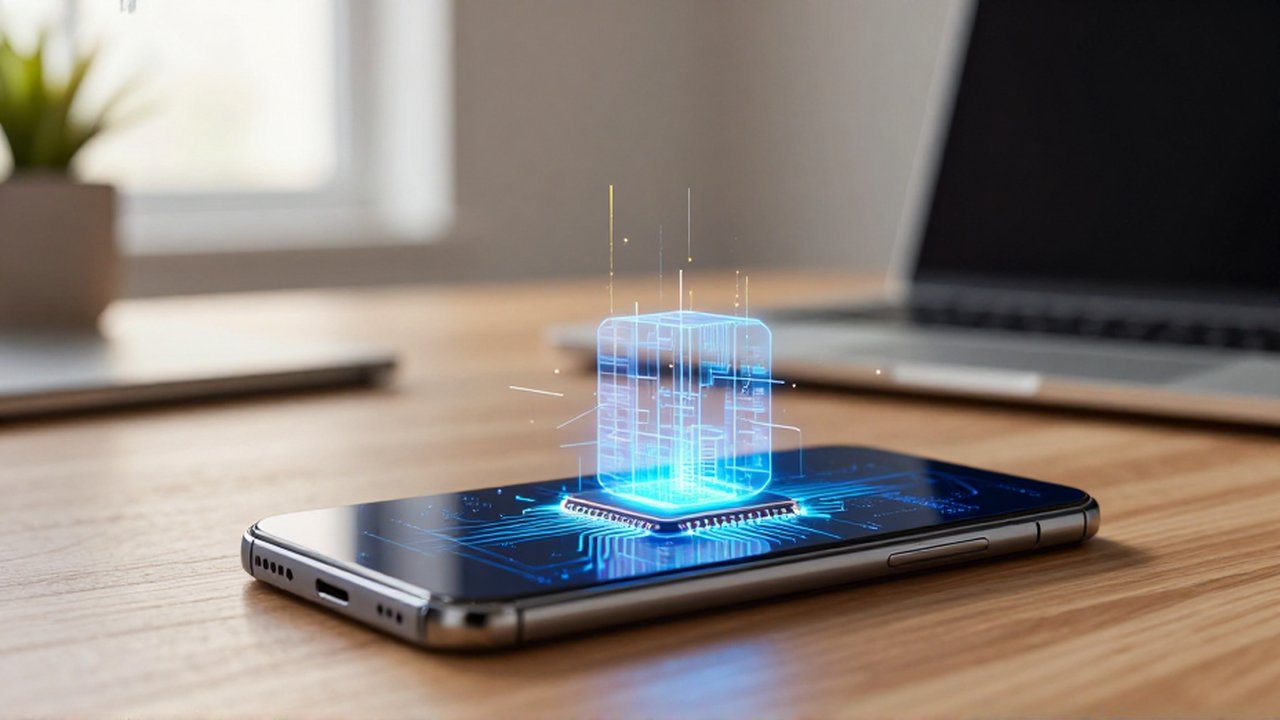 Smartphone sobre un escritorio de madera con una representación digital brillante de un microchip emergiendo de su pantalla.