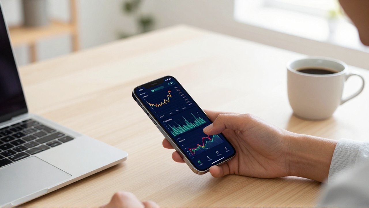 Manos desplazándose por un tablero financiero en un smartphone sobre un escritorio de madera.