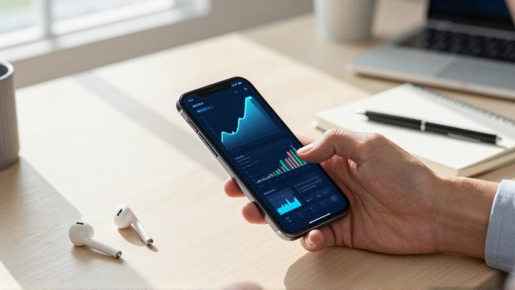 Manos desplazando gráficos financieros en un smartphone sobre un escritorio de madera con otros accesorios de oficina.