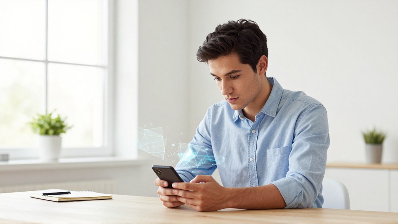 Un joven profesional interactúa con un smartphone rodeado de sutiles flujos de datos digitales en una oficina luminosa.