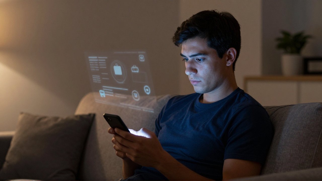Joven sentado en un sofá iluminado por la luz de su smartphone en un entorno doméstico.
