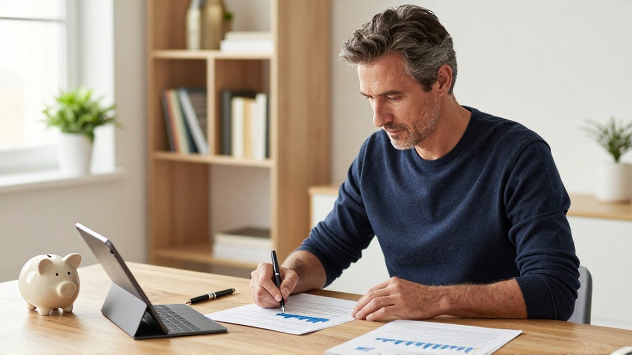 Hombre de mediana edad revisando gráficos financieros con calma en un escritorio luminoso y organizado.