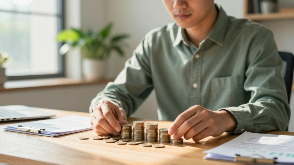 Joven profesional organiza pilas de monedas y documentos financieros en una oficina iluminada por el sol.