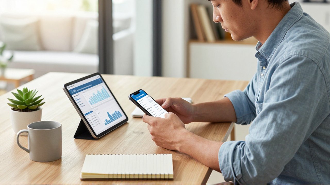 Un profesional organiza sus finanzas digitales con un smartphone y una tablet en un escritorio luminoso.