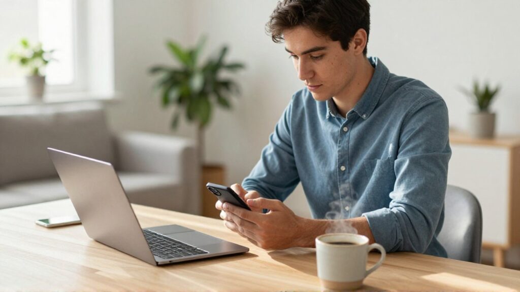 Un hombre joven usa su smartphone en un escritorio moderno y luminoso para gestionar sus finanzas.