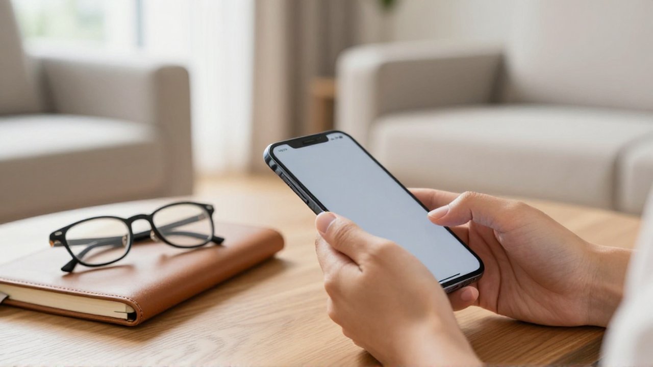 Manos interactuando con un smartphone sobre una mesa de madera en una sala iluminada.