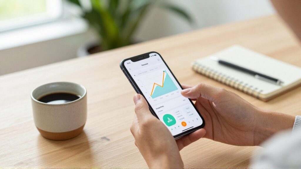 Primer plano de manos usando una aplicación financiera en un smartphone sobre un escritorio organizado.