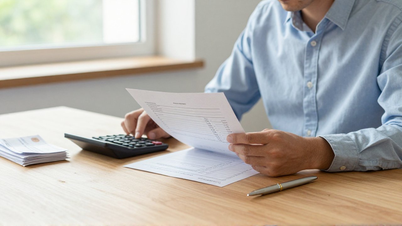 Persona concentrada revisando documentos financieros y usando una calculadora en una oficina luminosa.