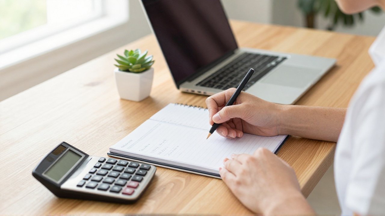 Persona escribiendo cálculos financieros en un planificador junto a una calculadora sobre un escritorio ordenado.