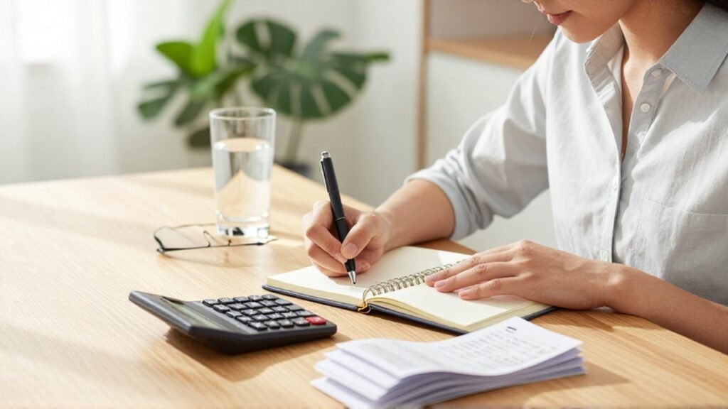 Un joven profesional anota cifras en un cuaderno mientras usa una calculadora en su oficina.