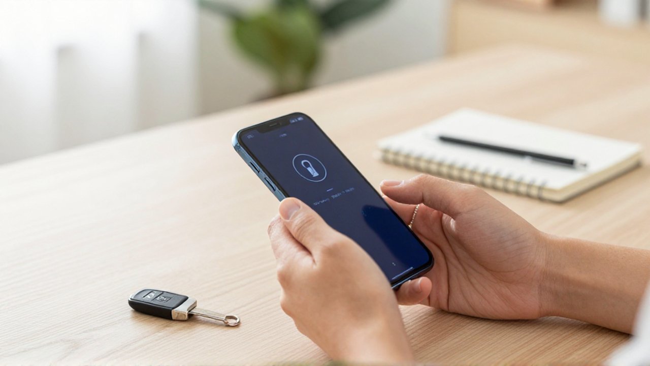 Manos de una persona interactuando con un smartphone junto a una llave de seguridad física en un escritorio.