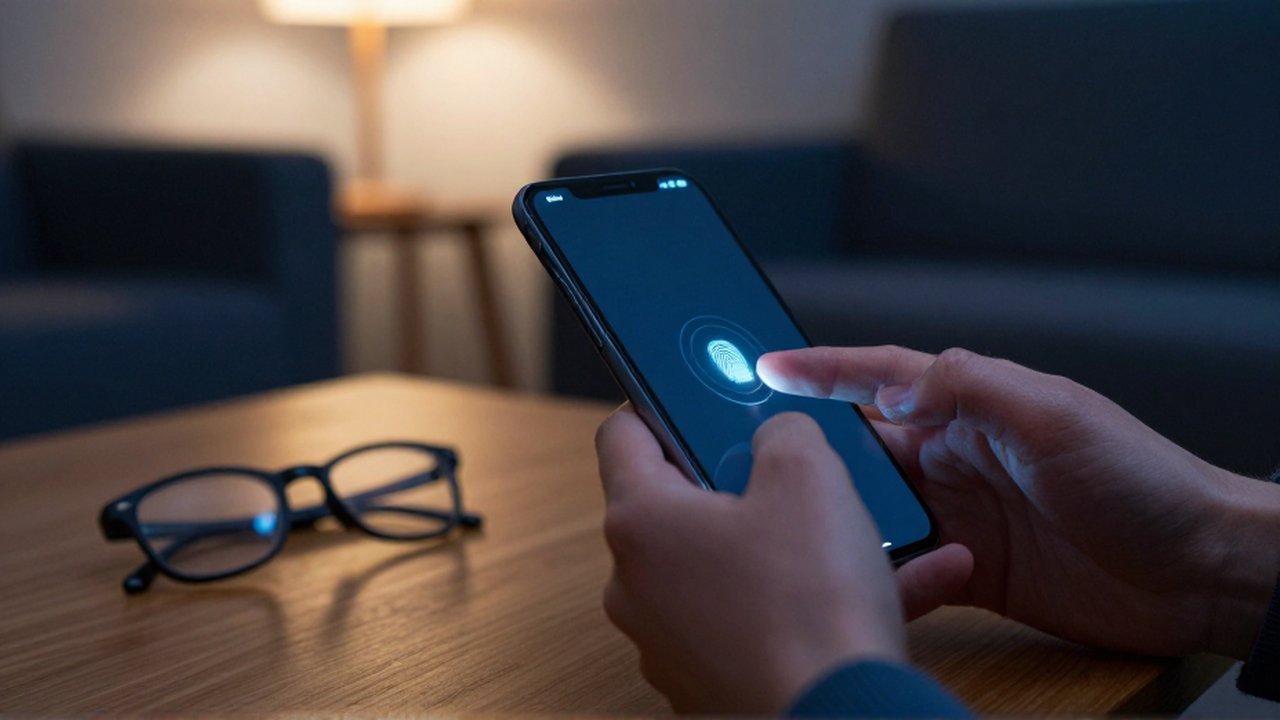 Manos de una persona usando el sensor biométrico de un smartphone sobre una mesa de madera.