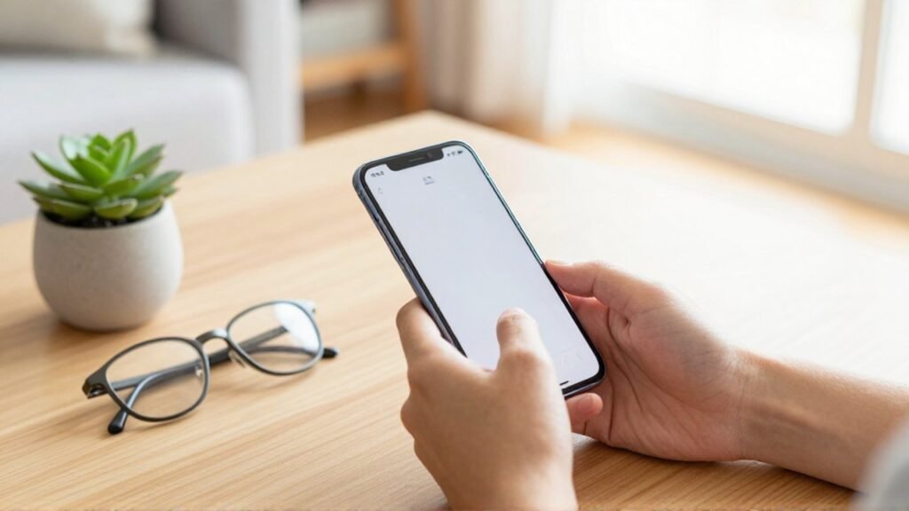Manos interactuando con un smartphone sobre una mesa de madera en un ambiente hogareño luminoso.