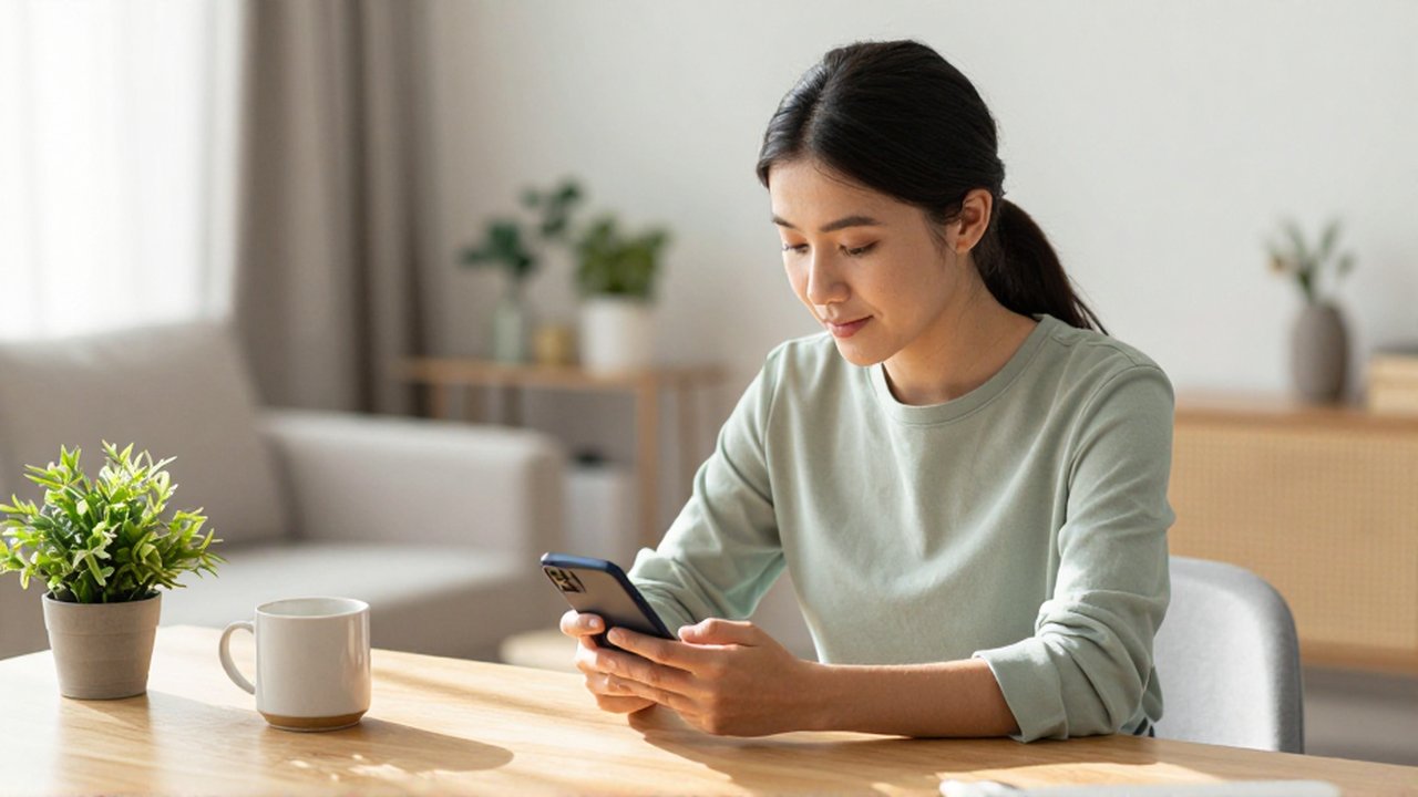 Mujer joven sentada en un escritorio luminoso usando su teléfono móvil en un entorno de oficina en casa.