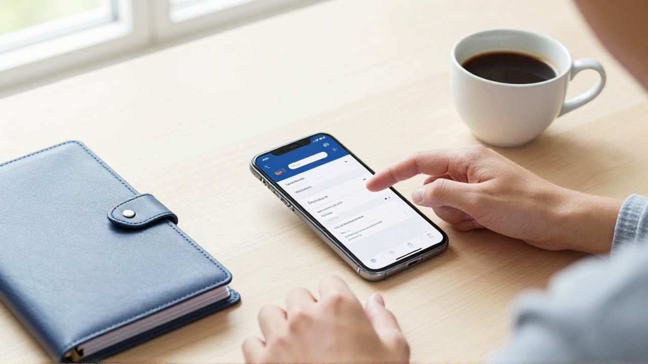 Manos configurando reglas financieras en un smartphone sobre un escritorio de madera con café.