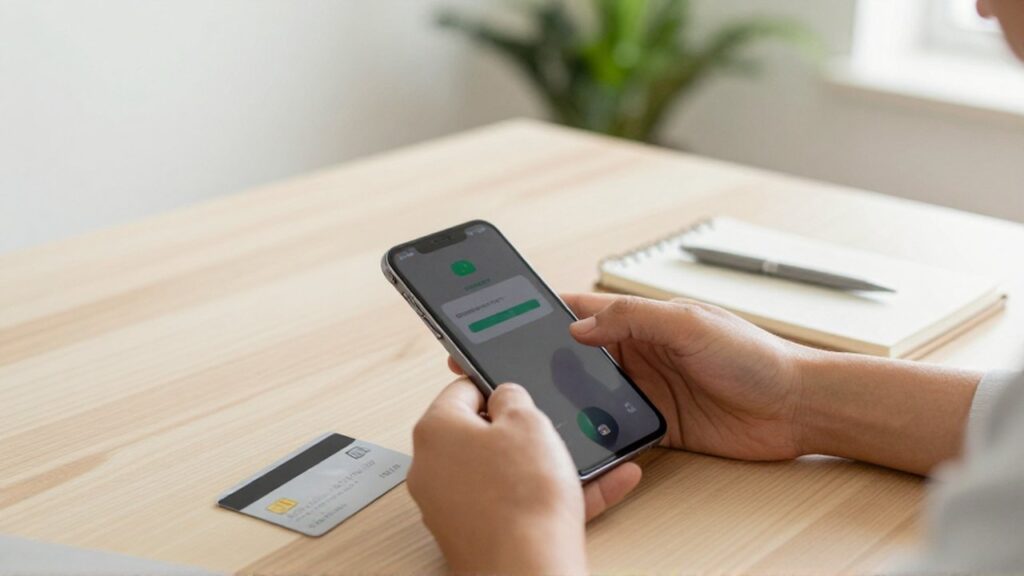 Manos operando un smartphone sobre un escritorio de madera junto a una tarjeta de crédito.