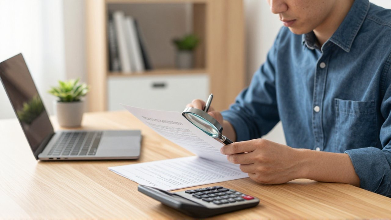 Persona revisando detalladamente un documento financiero con una lupa en un escritorio ordenado.