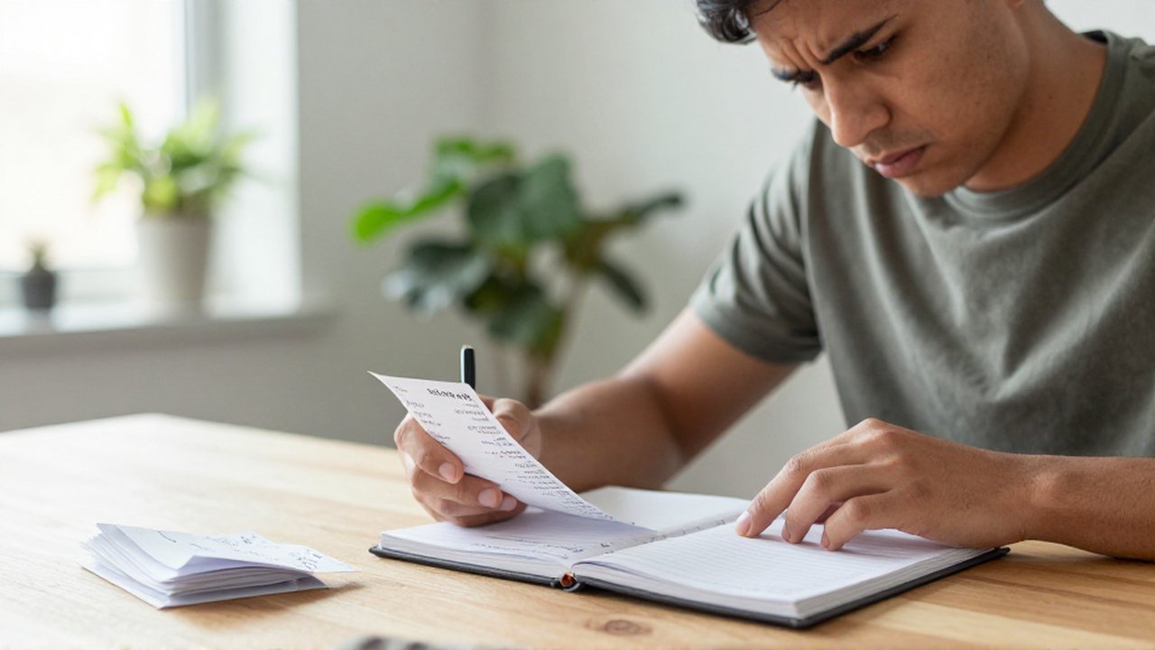 Persona concentrada comparando recibos con un cuaderno de contabilidad sobre un escritorio de madera.