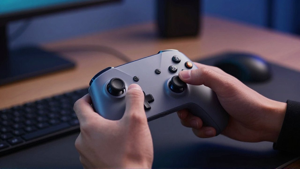 Manos de un jugador usando un mando ergonómico conectado a un smartphone en un entorno tecnológico.