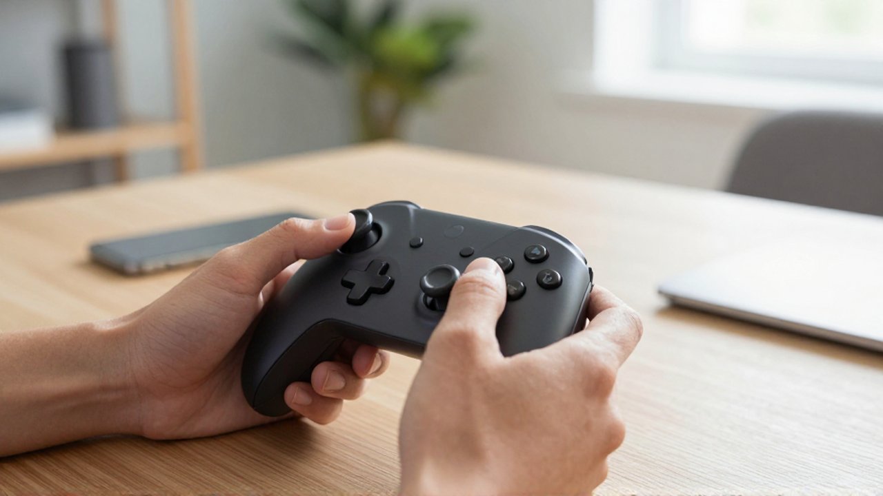 Manos sosteniendo un mando ergonómico conectado a un smartphone sobre un escritorio de madera.