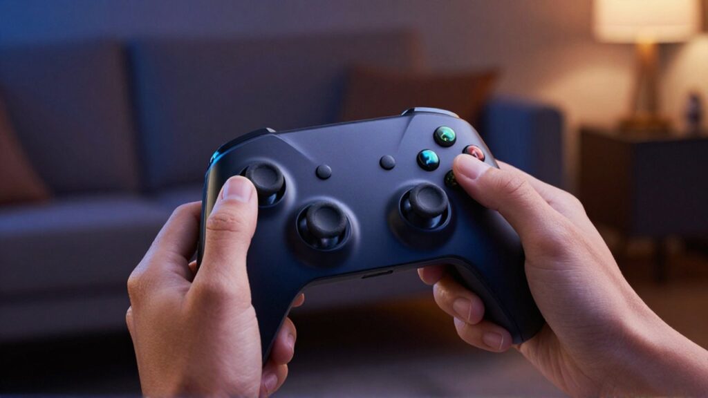 Manos sosteniendo un controlador ergonómico con un smartphone integrado para jugar en una sala acogedora.