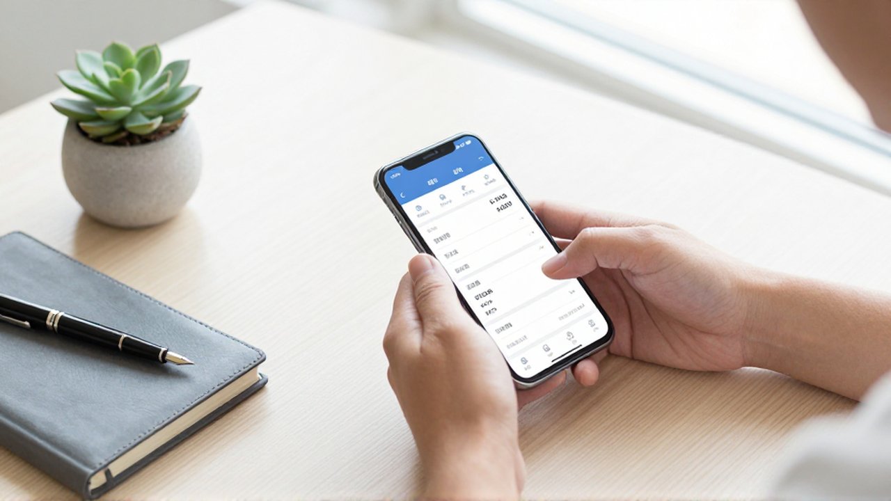 Manos navegando una aplicación financiera en un smartphone sobre un escritorio ordenado y minimalista.