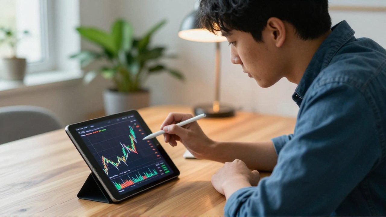 Joven concentrada analizando gráficas financieras en una tableta dentro de una oficina iluminada.
