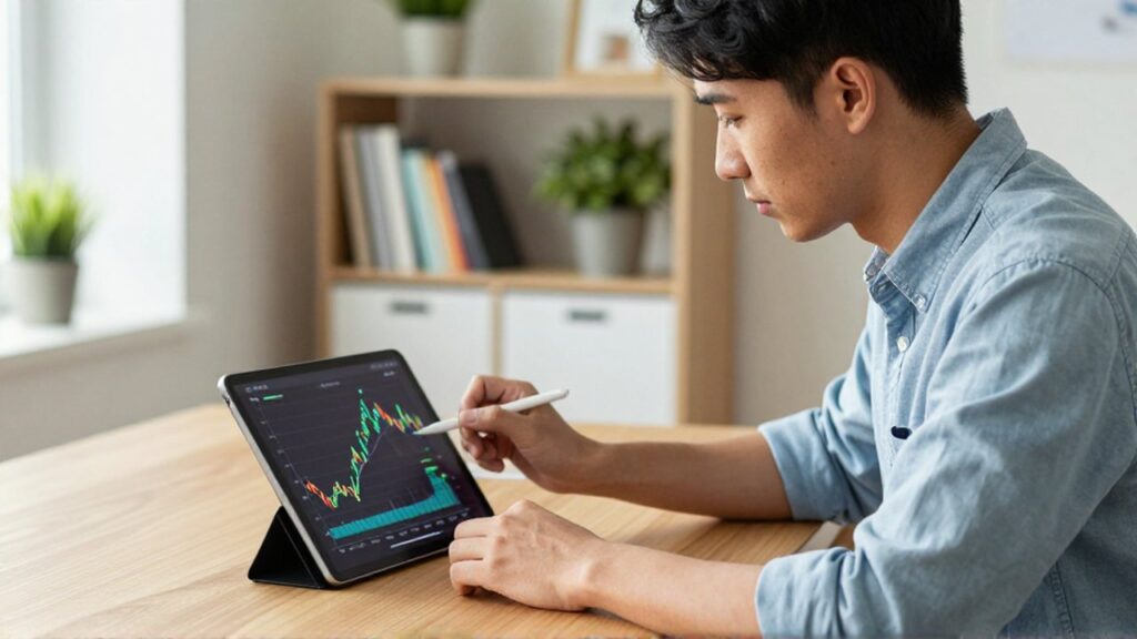 Un joven profesional estudia con atención gráficos financieros en una tableta dentro de una oficina iluminada.