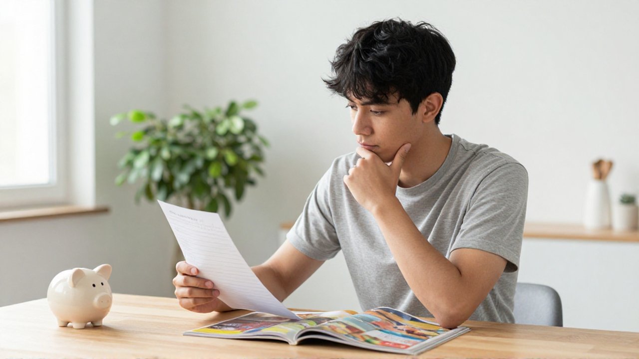 Joven sentado ante un escritorio comparando una lista de compras con una revista y una hucha.