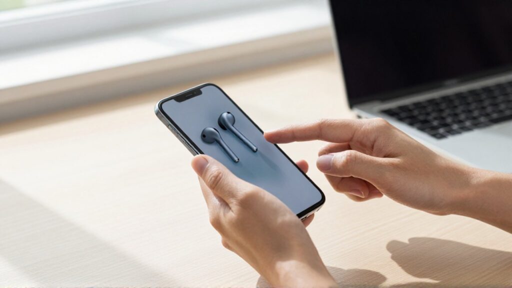 Una mano empareja unos auriculares inalámbricos con un smartphone sobre un escritorio de oficina iluminado.