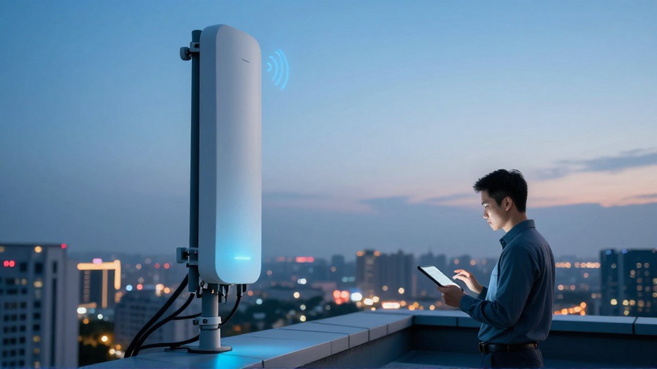 Un ingeniero inspecciona una antena de telecomunicaciones de alta tecnología en una azotea urbana al atardecer.