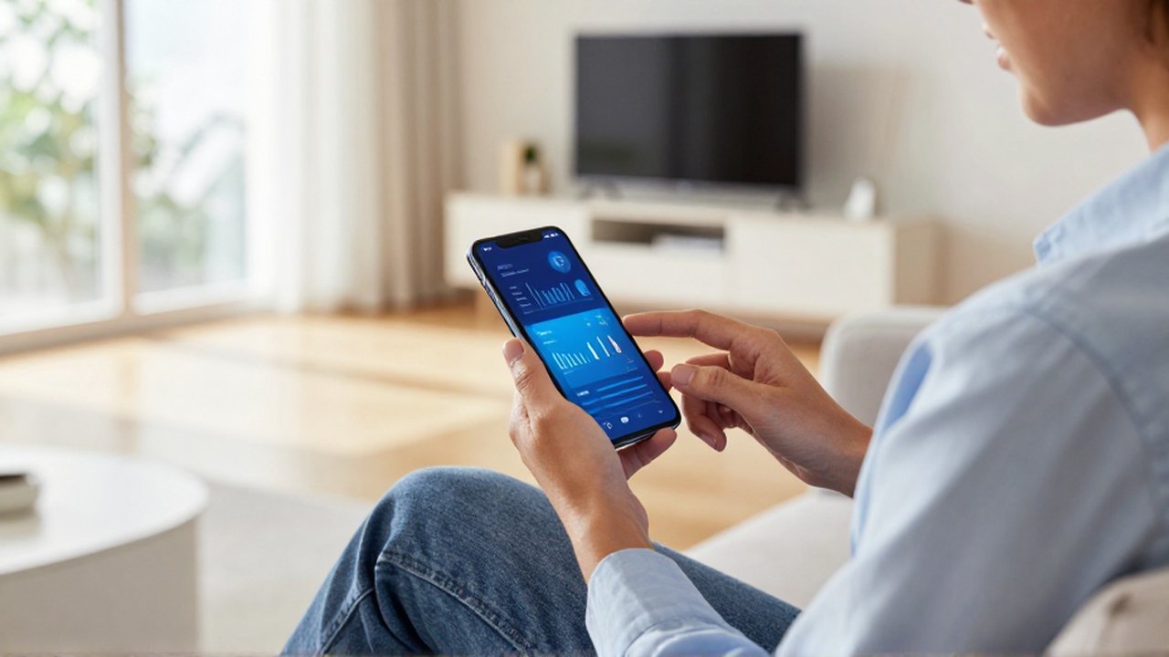 Persona utilizando un smartphone con gráficas de datos en una sala de estar moderna y luminosa.