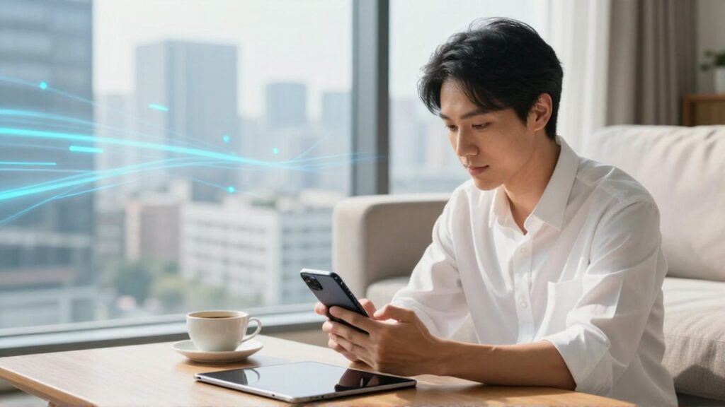Persona joven manejando aplicaciones financieras en un smartphone dentro de una moderna sala iluminada.