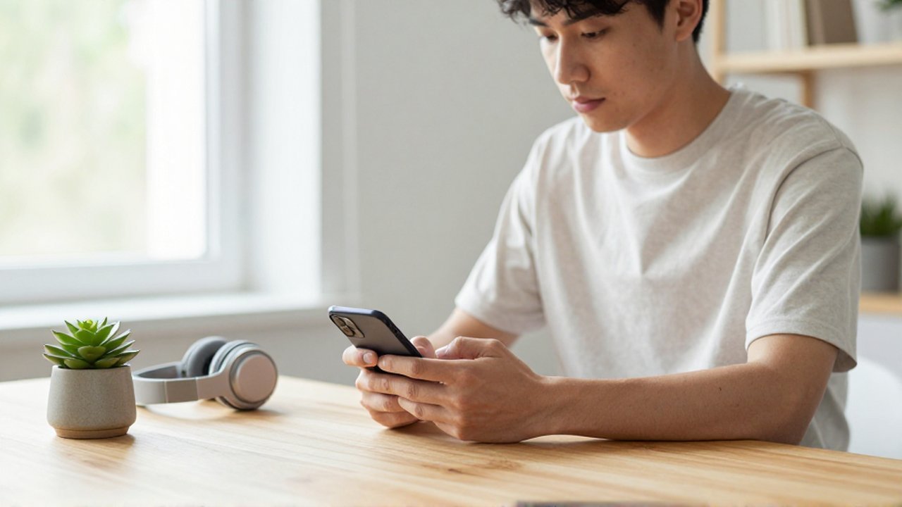 Un joven concentrado utiliza su smartphone en un escritorio de madera dentro de una oficina luminosa.