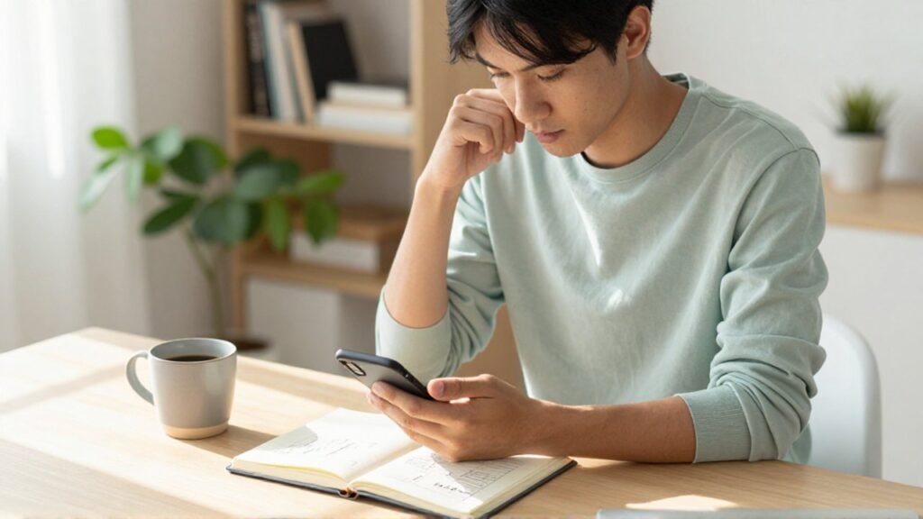 Joven profesional consulta su teléfono en un escritorio luminoso mientras toma notas para su presupuesto.
