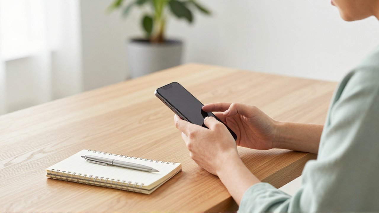 Persona utilizando un smartphone en un escritorio de madera organizado en una oficina luminosa.