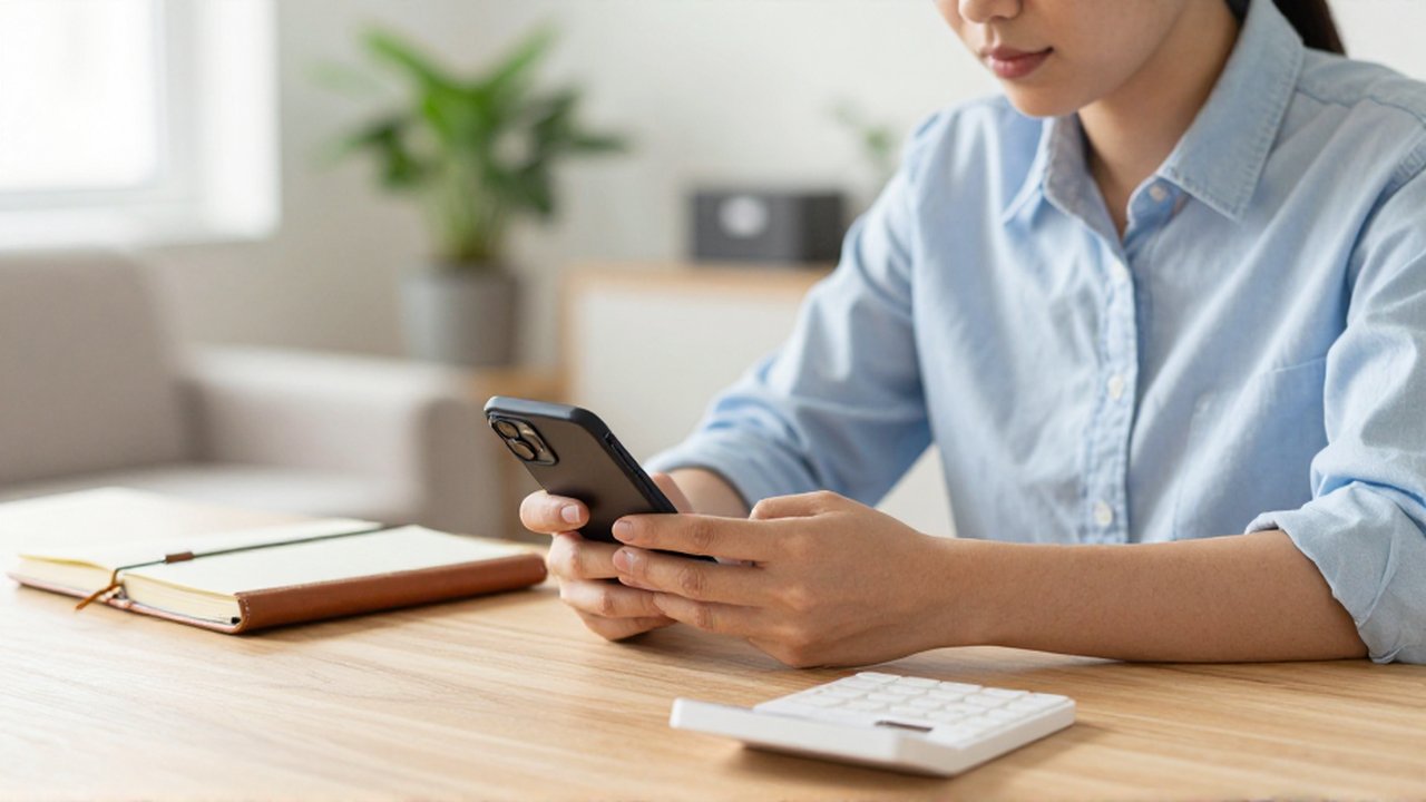 Joven profesional revisa sus finanzas personales en un smartphone sobre un escritorio organizado.