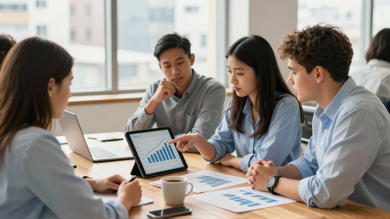 Jóvenes profesionales colaboran en una oficina moderna analizando gráficos de crecimiento en una tableta.