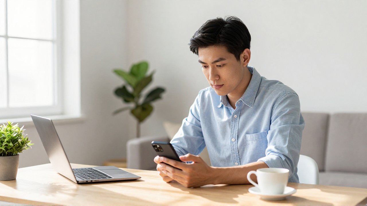 Joven inversionista concentrado mirando su smartphone en un escritorio moderno y luminoso.