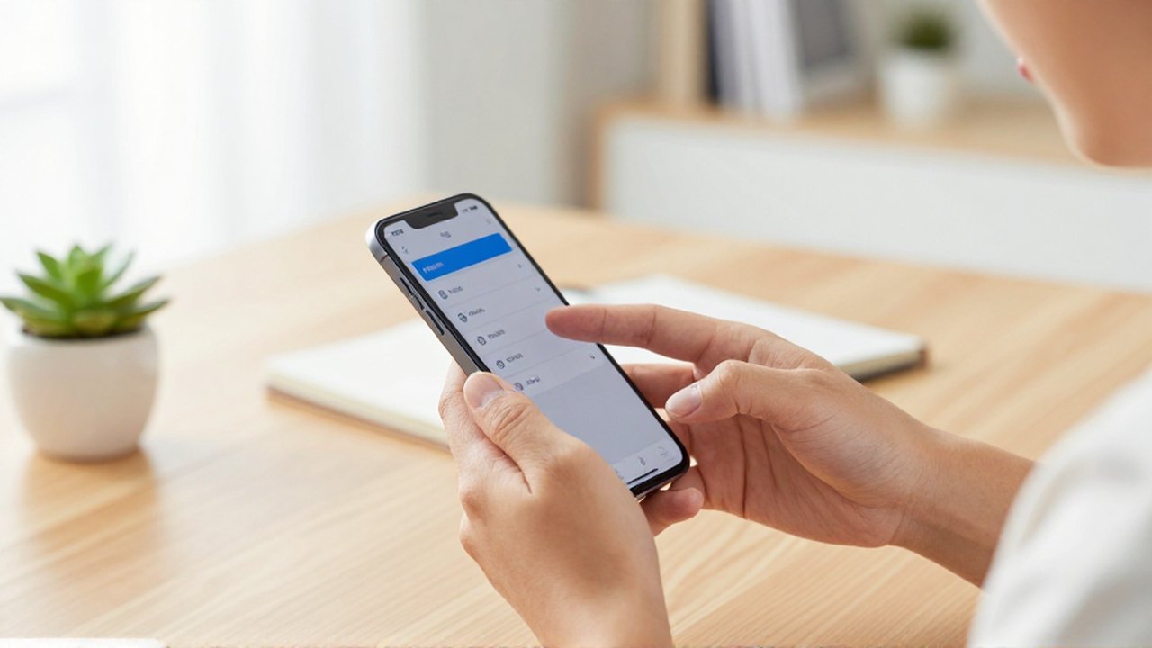 Manos interactuando con los permisos de un smartphone en un entorno de oficina minimalista.