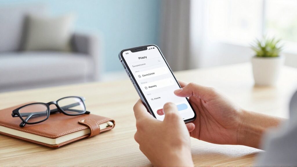 Manos de una persona sosteniendo un smartphone para activar un interruptor de configuración de privacidad sobre un escritorio.