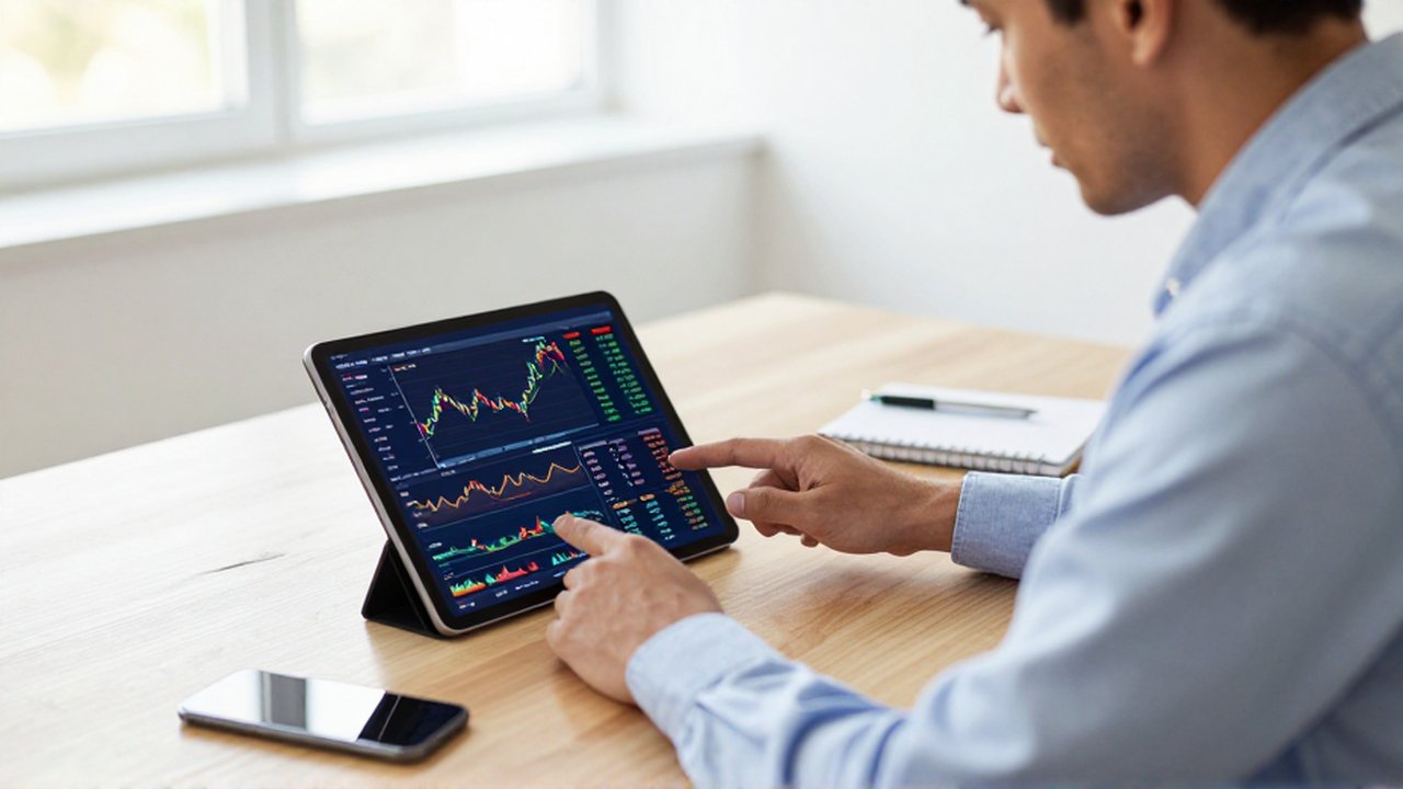 Analista financiero observa gráficos de mercado en una tableta dentro de una oficina moderna.