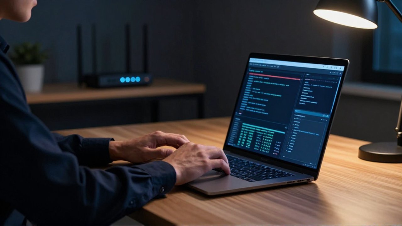 Profesional de ciberseguridad configurando ajustes de cifrado en un portátil en una oficina moderna.
