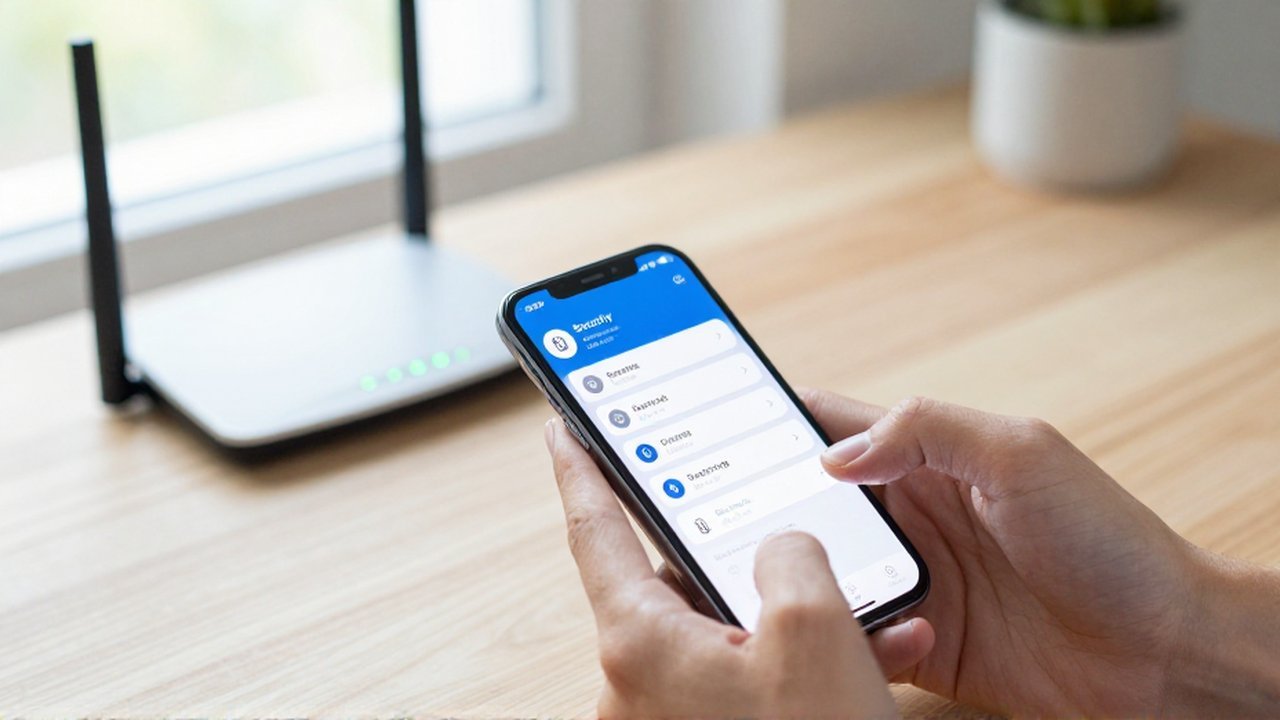 Manos operando un teléfono inteligente para gestionar la seguridad de una red Wi-Fi en un escritorio.