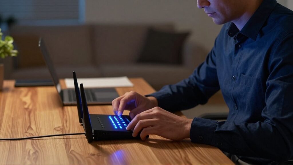 Un experto en ciberseguridad ajusta con cuidado un router inalámbrico en un despacho moderno y tenue.