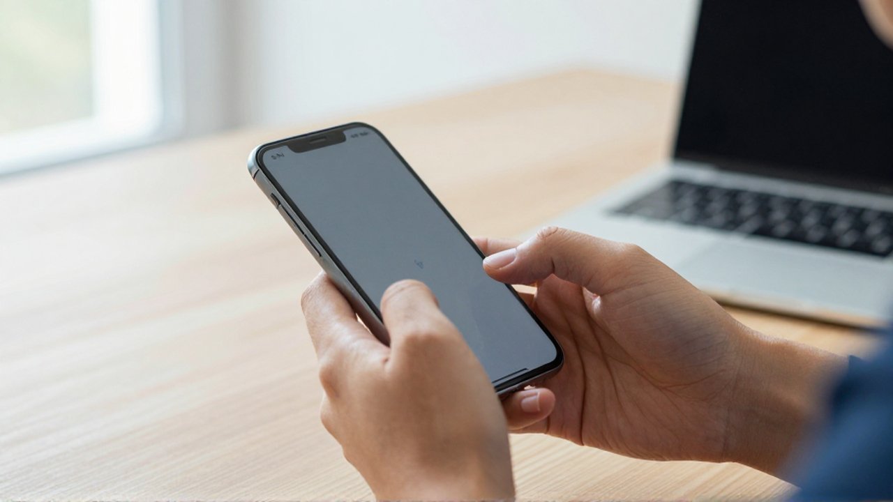 Primer plano de una persona usando el sensor de huella de un smartphone en un escritorio.