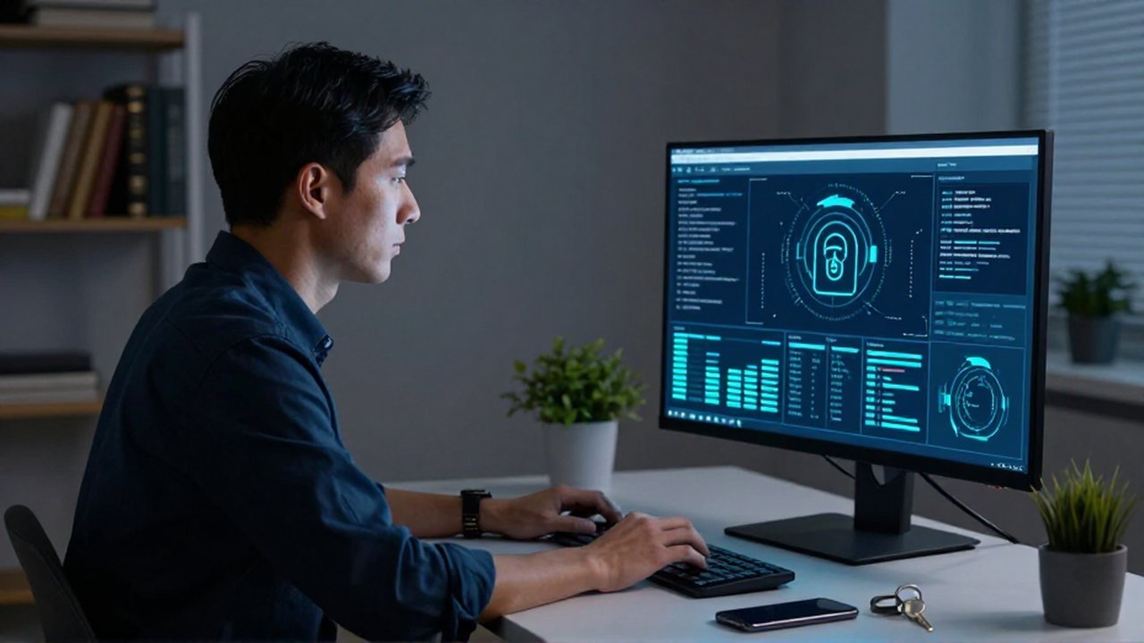 Un experto en ciberseguridad monitorea datos en un monitor en una oficina moderna y tenue.