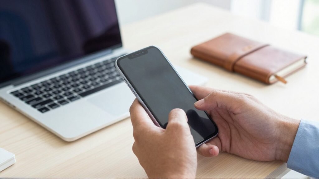 Manos sujetando un smartphone para realizar una transacción digital sobre un escritorio organizado.