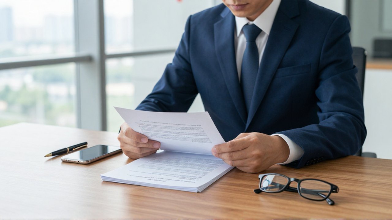 Consultor financiero de traje azul revisa documentos legales sobre un escritorio de madera en una oficina moderna.