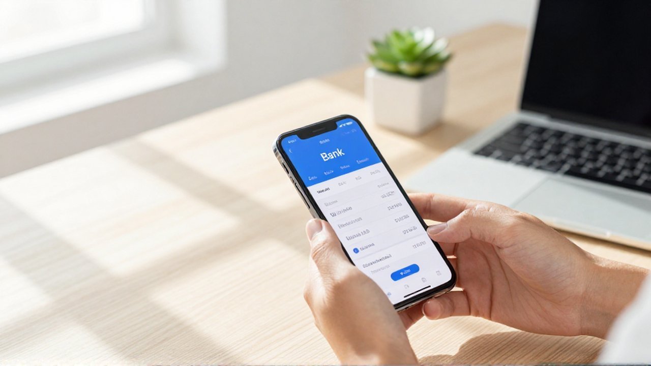 Manos sosteniendo un smartphone para realizar una gestión financiera en un escritorio de oficina iluminado.